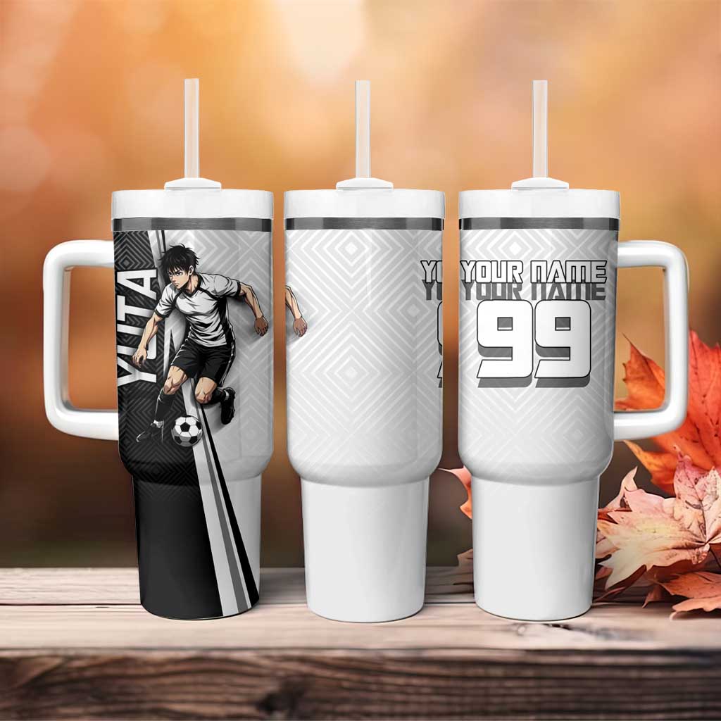 Personalized Okkotsu Yuta Jujutsu Kaisen Soccer Tumbler With Handle with Dribbling Action Pose and Monochrome Geometric Graphic Design - The Mazicc