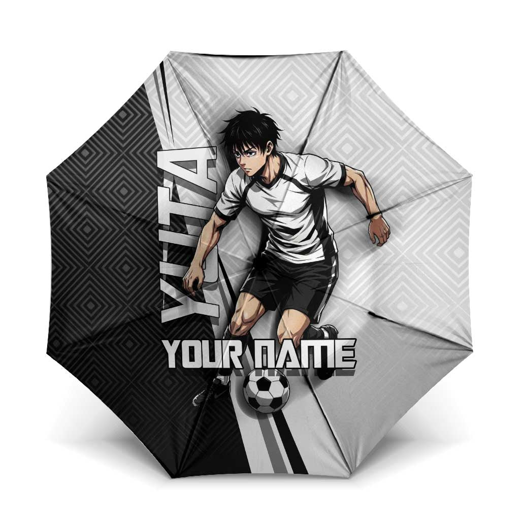 Personalized Okkotsu Yuta Jujutsu Kaisen Soccer Umbrella with Dribbling Action Pose and Monochrome Geometric Graphic Design - The Mazicc