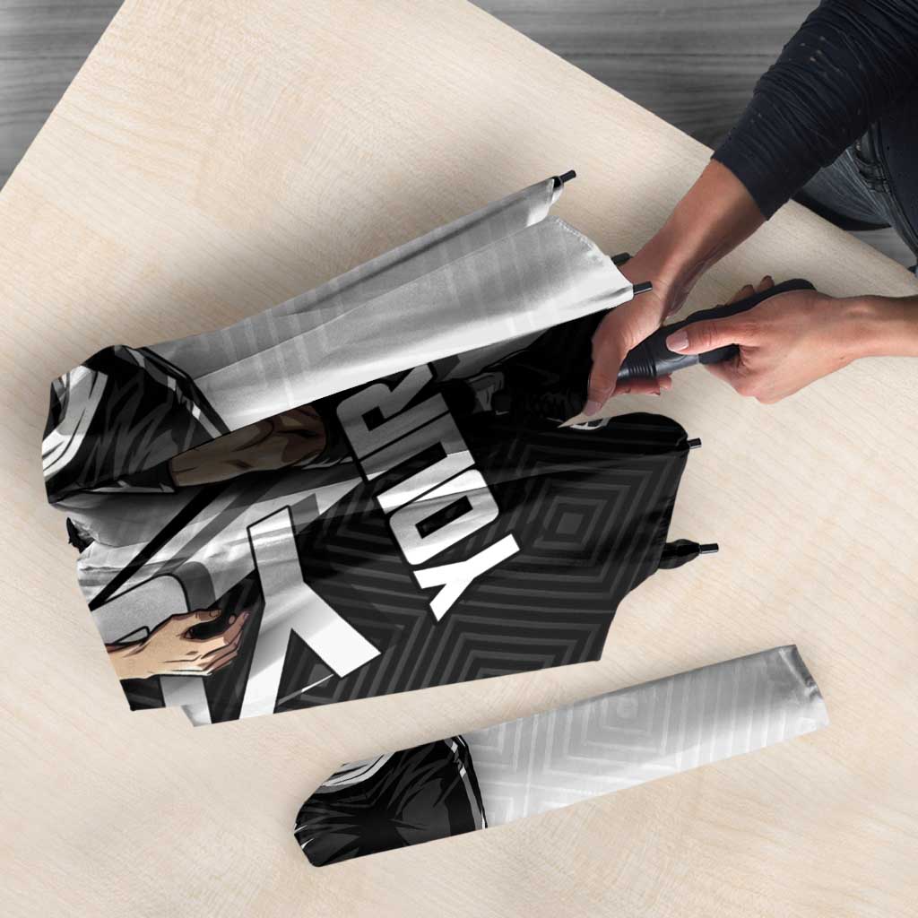 Personalized Okkotsu Yuta Jujutsu Kaisen Soccer Umbrella with Dribbling Action Pose and Monochrome Geometric Graphic Design - The Mazicc