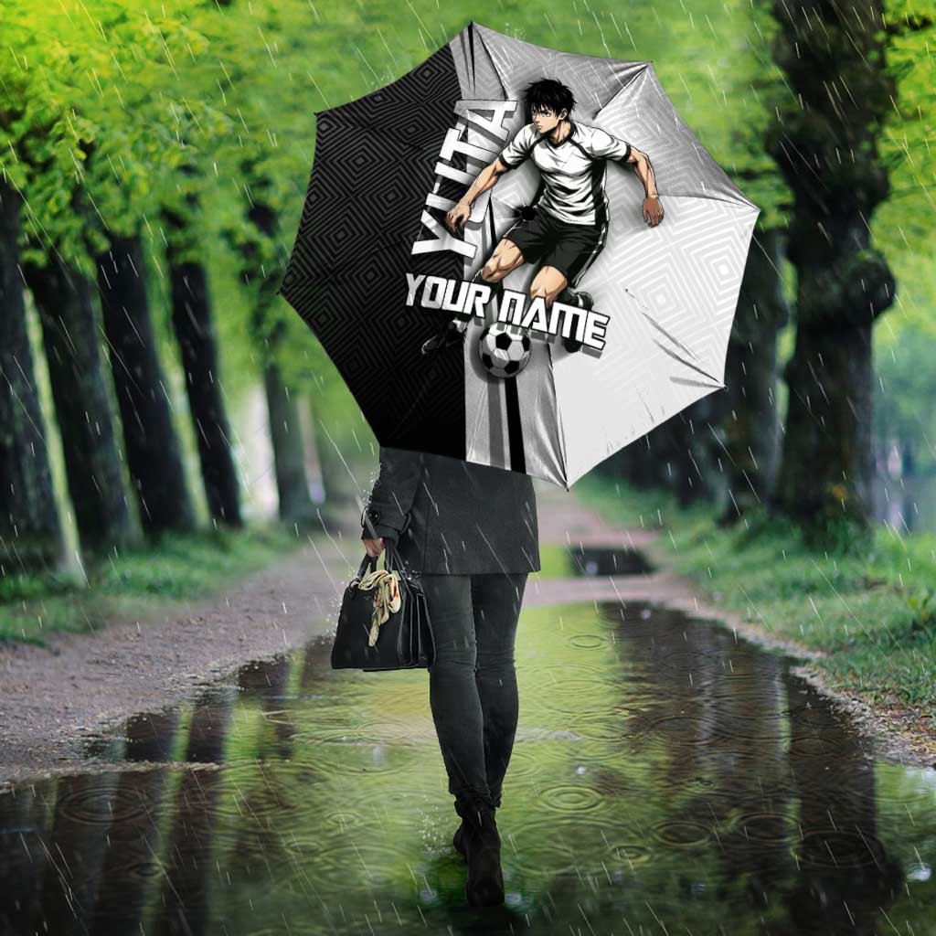 Personalized Okkotsu Yuta Jujutsu Kaisen Soccer Umbrella with Dribbling Action Pose and Monochrome Geometric Graphic Design - The Mazicc