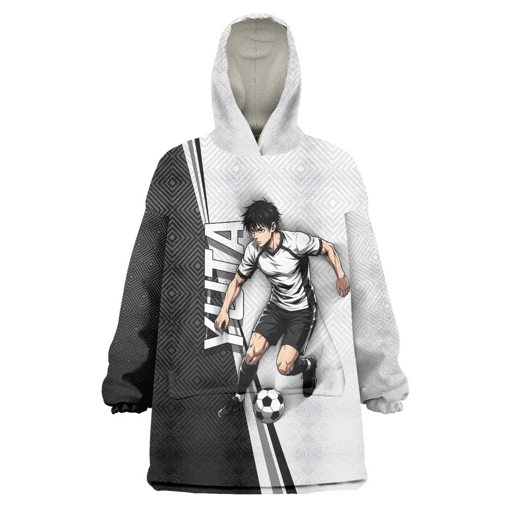 Personalized Okkotsu Yuta Jujutsu Kaisen Soccer Wearable Blanket Hoodie with Dribbling Action Pose and Monochrome Geometric Graphic Design - The Mazicc