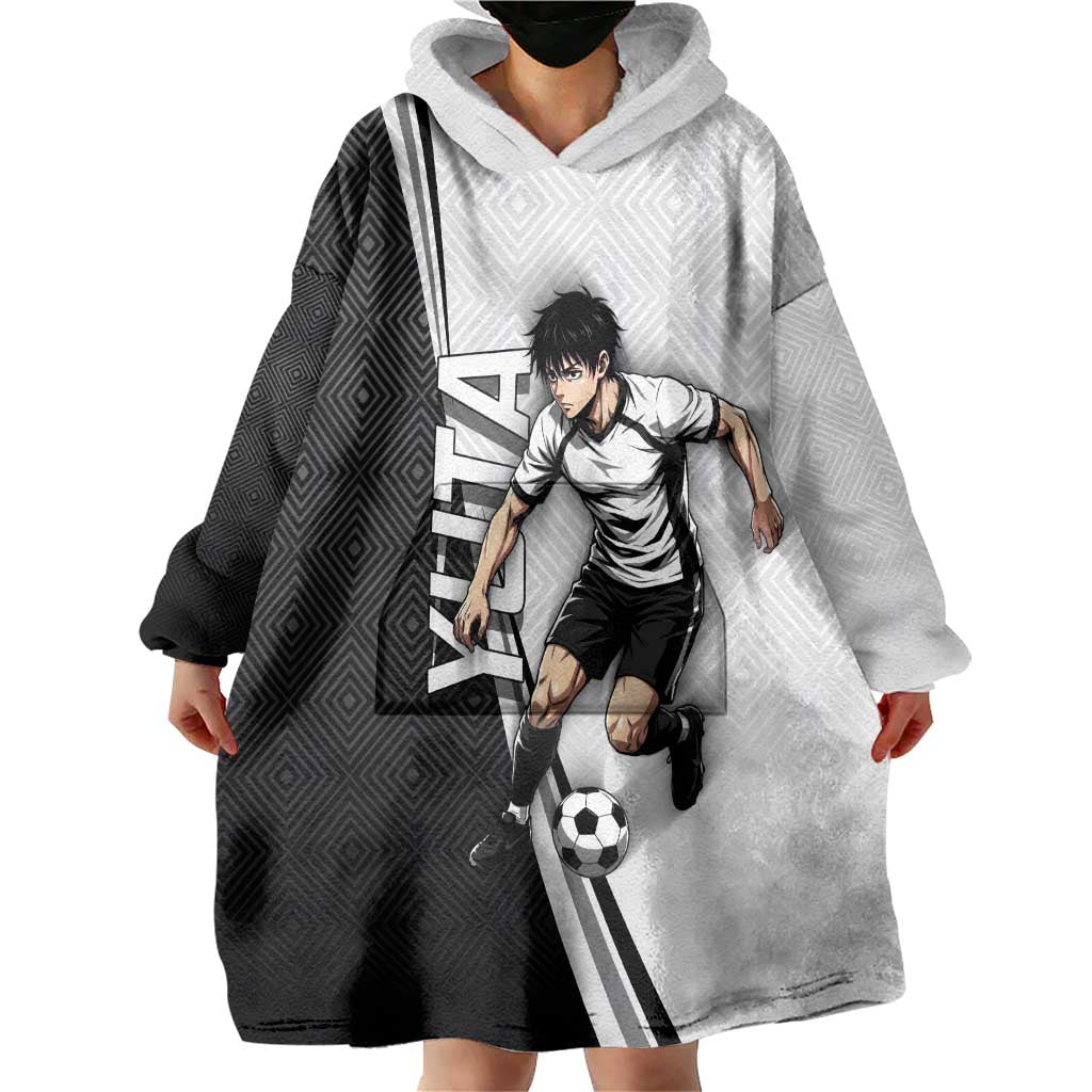 Personalized Okkotsu Yuta Jujutsu Kaisen Soccer Wearable Blanket Hoodie with Dribbling Action Pose and Monochrome Geometric Graphic Design - The Mazicc