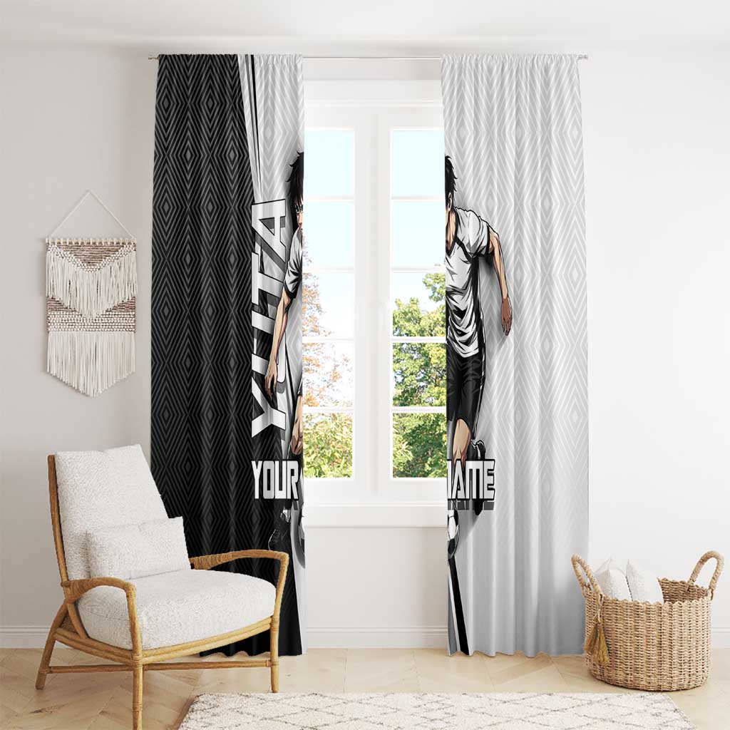 Personalized Okkotsu Yuta Jujutsu Kaisen Soccer Window Curtain with Dribbling Action Pose and Monochrome Geometric Graphic Design - The Mazicc