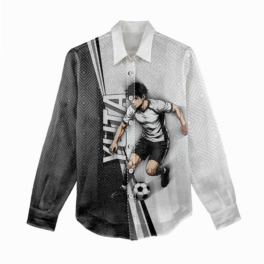 Personalized Okkotsu Yuta Jujutsu Kaisen Soccer Women Casual Shirt with Dribbling Action Pose and Monochrome Geometric Graphic Design - The Mazicc