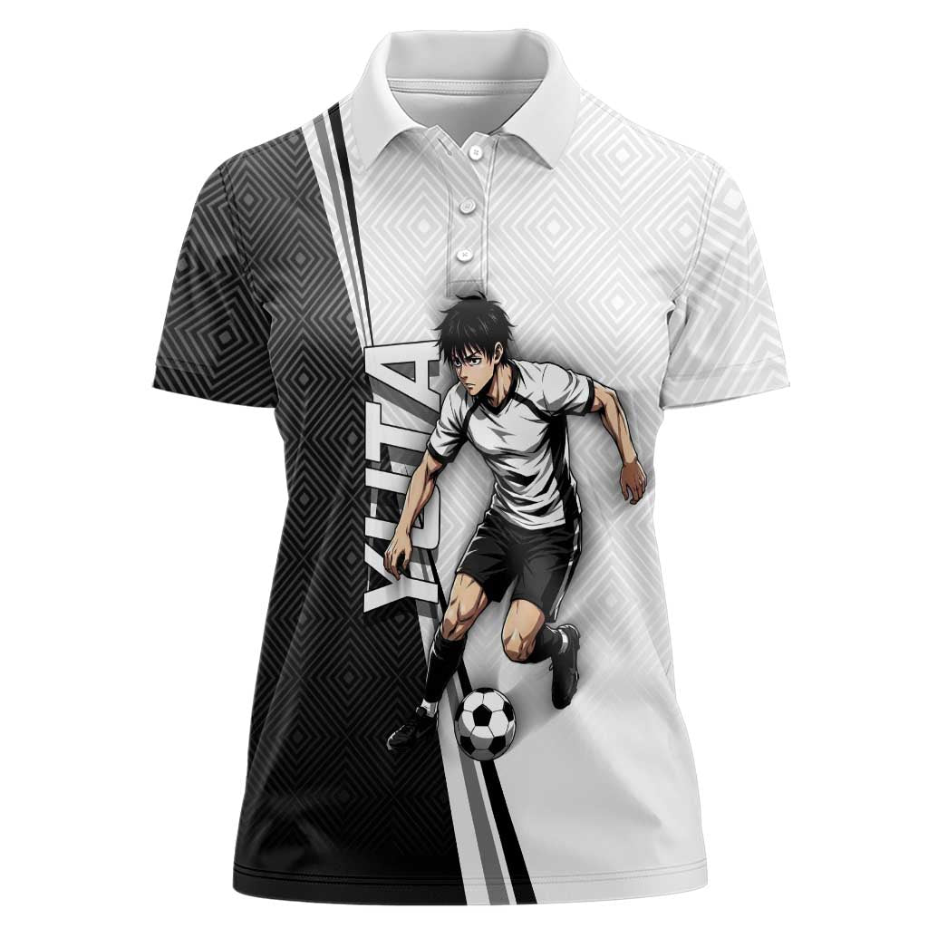 Personalized Okkotsu Yuta Jujutsu Kaisen Soccer Women Polo Shirt with Dribbling Action Pose and Monochrome Geometric Graphic Design - The Mazicc