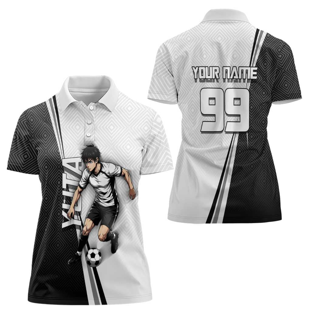 Personalized Okkotsu Yuta Jujutsu Kaisen Soccer Women Polo Shirt with Dribbling Action Pose and Monochrome Geometric Graphic Design - The Mazicc