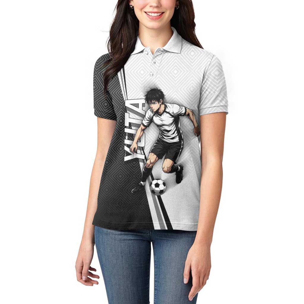 Personalized Okkotsu Yuta Jujutsu Kaisen Soccer Women Polo Shirt with Dribbling Action Pose and Monochrome Geometric Graphic Design - The Mazicc