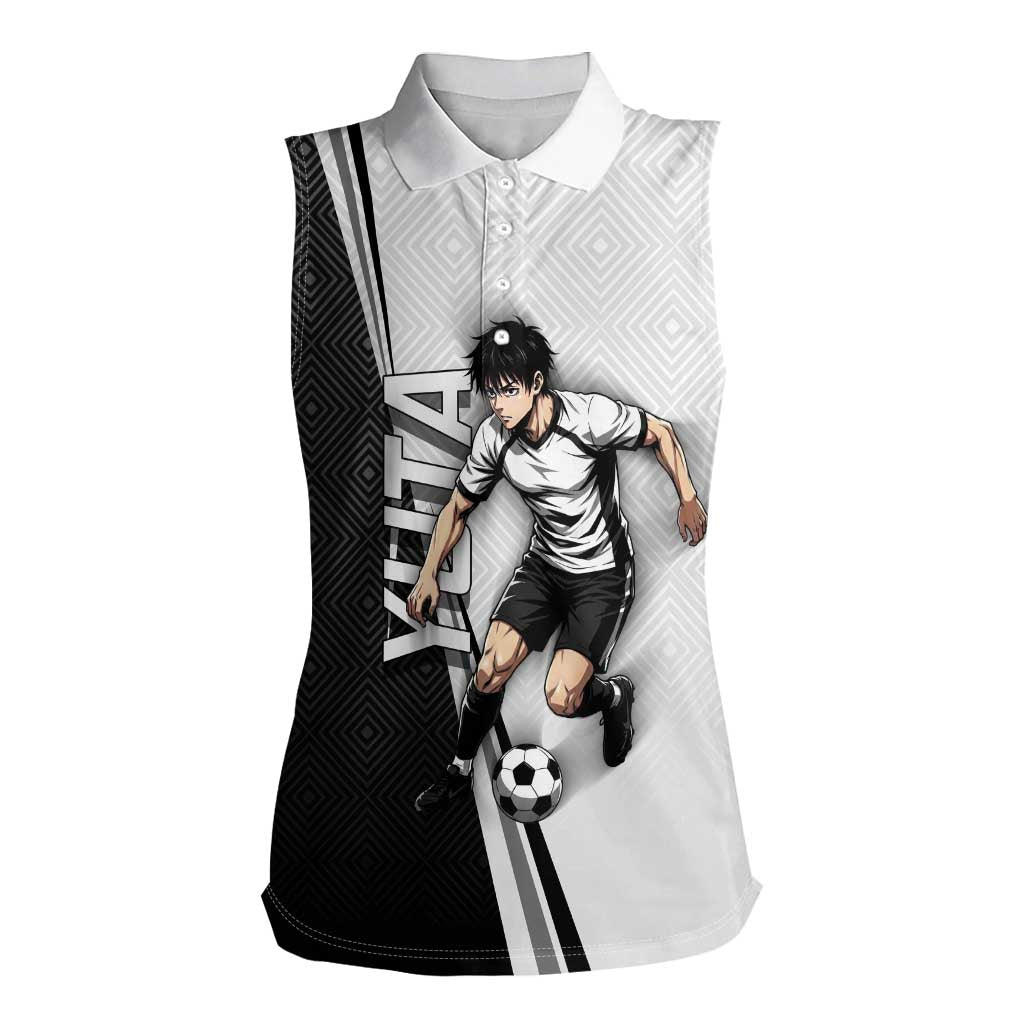 Personalized Okkotsu Yuta Jujutsu Kaisen Soccer Women Sleeveless Polo Shirt with Dribbling Action Pose and Monochrome Geometric Graphic Design - The Mazicc