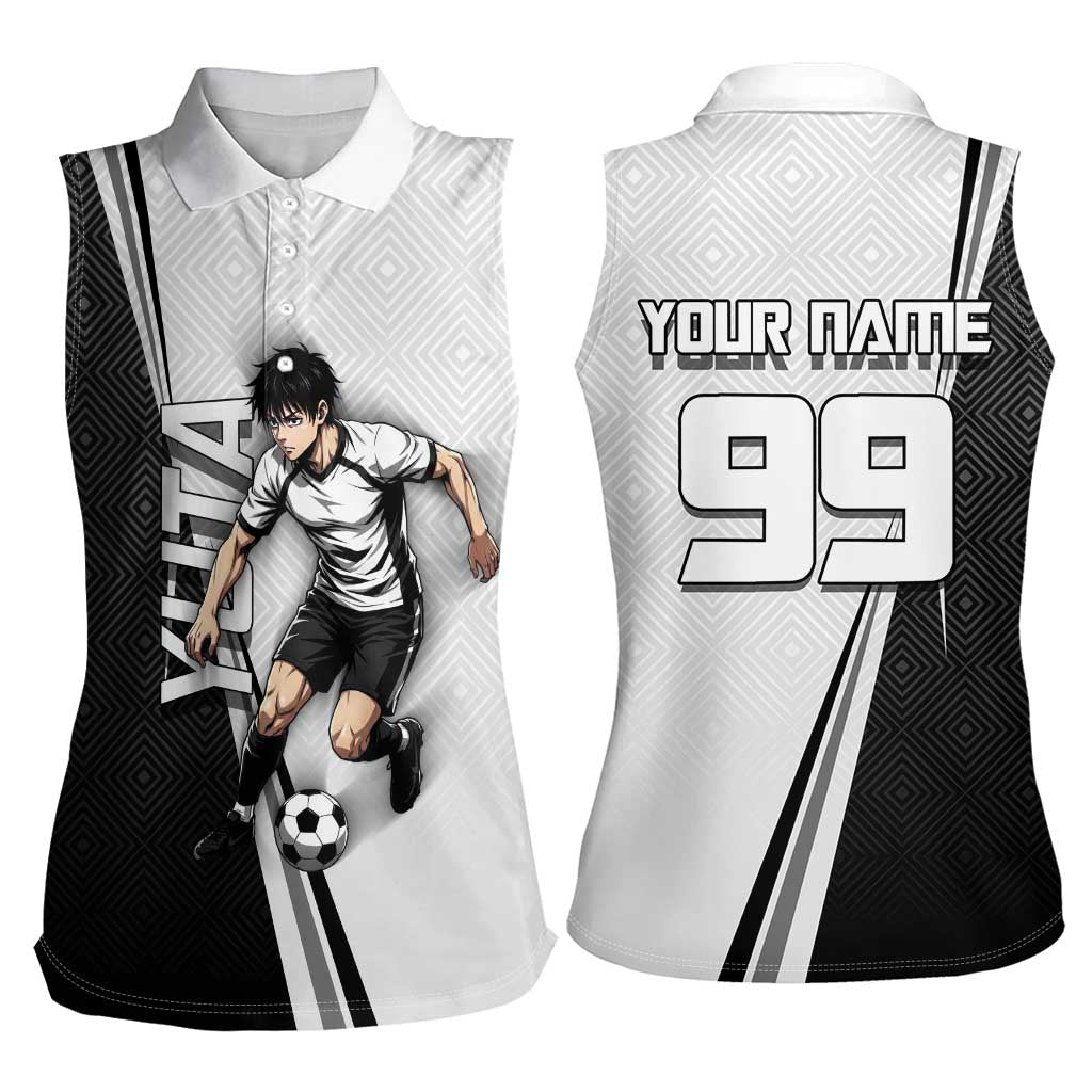 Personalized Okkotsu Yuta Jujutsu Kaisen Soccer Women Sleeveless Polo Shirt with Dribbling Action Pose and Monochrome Geometric Graphic Design - The Mazicc