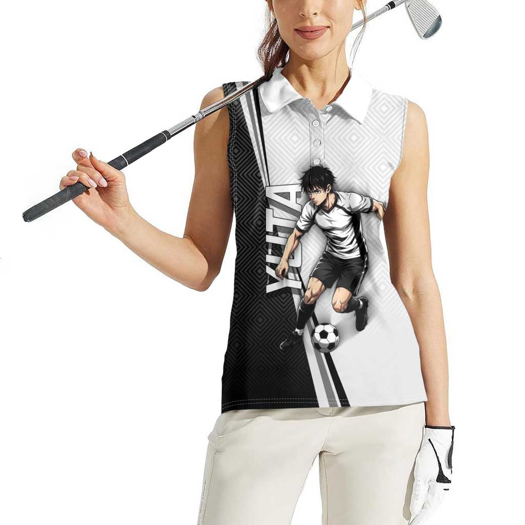 Personalized Okkotsu Yuta Jujutsu Kaisen Soccer Women Sleeveless Polo Shirt with Dribbling Action Pose and Monochrome Geometric Graphic Design - The Mazicc