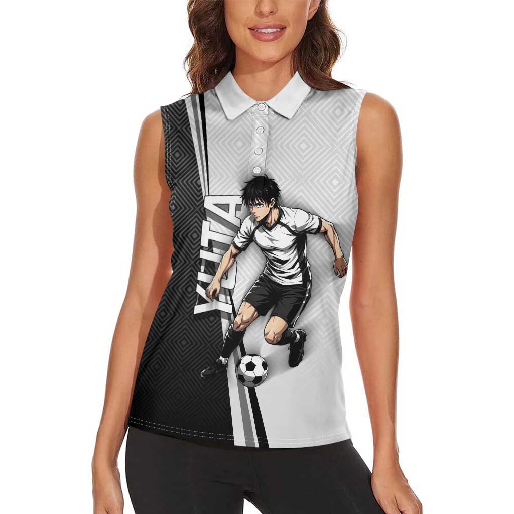 Personalized Okkotsu Yuta Jujutsu Kaisen Soccer Women Sleeveless Polo Shirt with Dribbling Action Pose and Monochrome Geometric Graphic Design - The Mazicc
