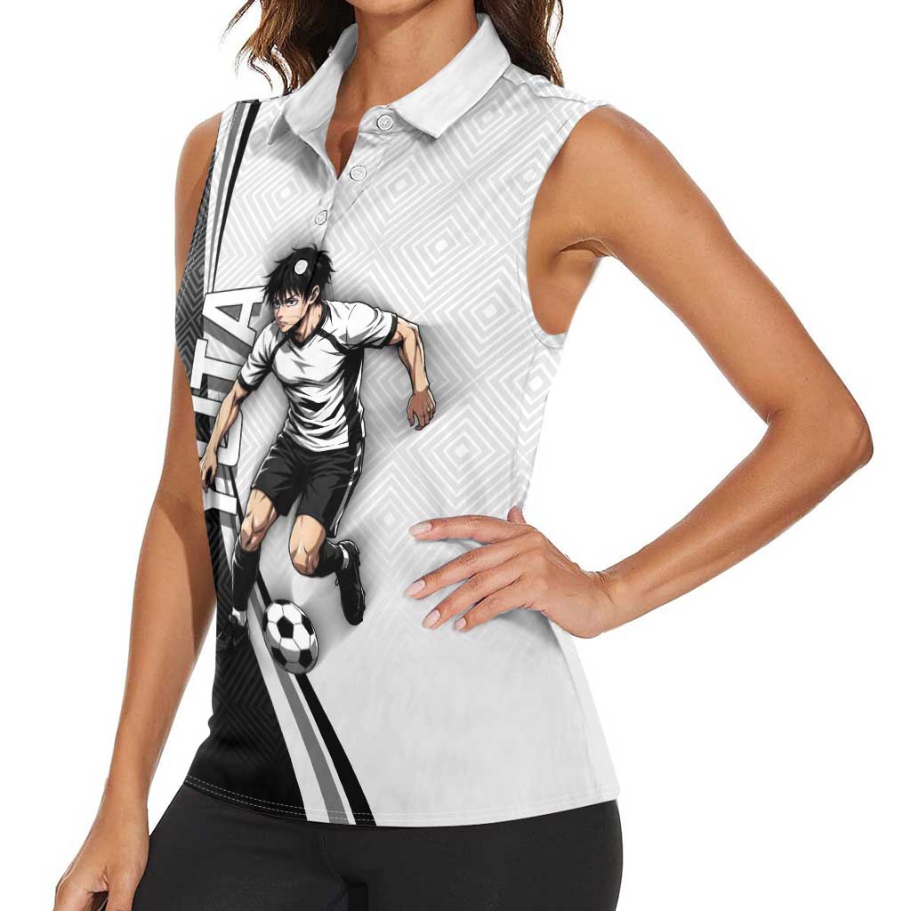 Personalized Okkotsu Yuta Jujutsu Kaisen Soccer Women Sleeveless Polo Shirt with Dribbling Action Pose and Monochrome Geometric Graphic Design - The Mazicc