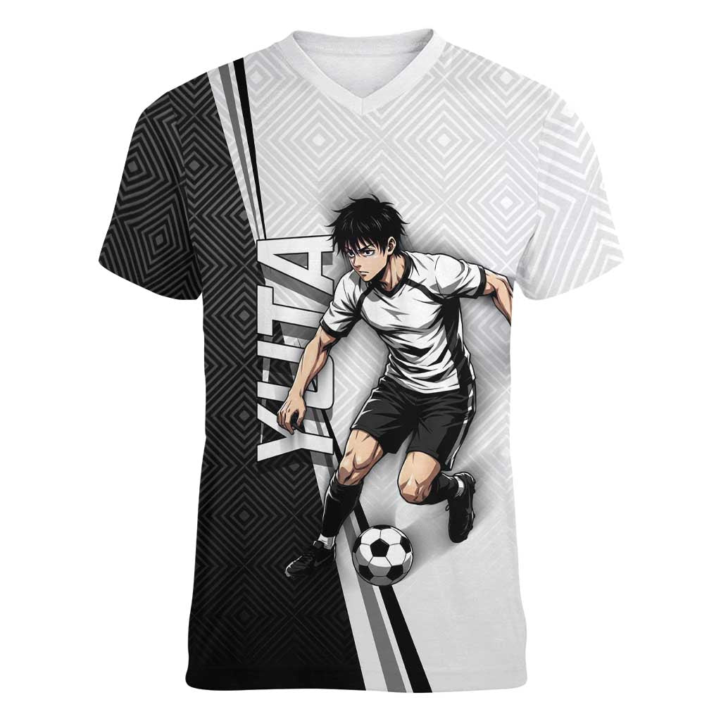 Personalized Okkotsu Yuta Jujutsu Kaisen Soccer Women V-Neck T-Shirt with Dribbling Action Pose and Monochrome Geometric Graphic Design - The Mazicc