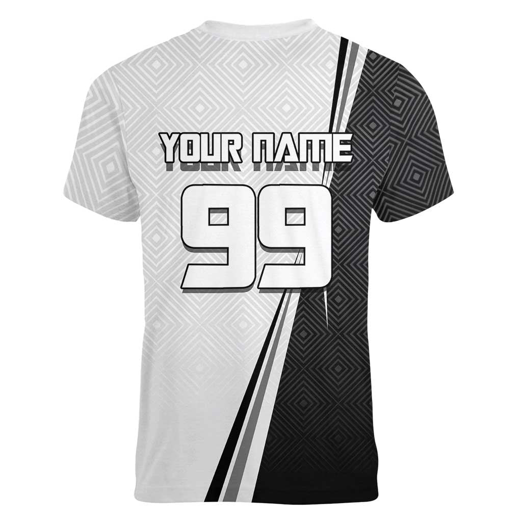 Personalized Okkotsu Yuta Jujutsu Kaisen Soccer Women V-Neck T-Shirt with Dribbling Action Pose and Monochrome Geometric Graphic Design - The Mazicc