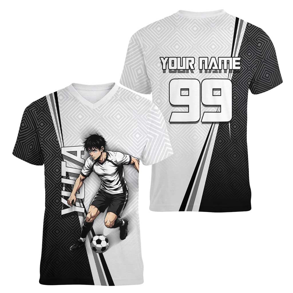 Personalized Okkotsu Yuta Jujutsu Kaisen Soccer Women V-Neck T-Shirt with Dribbling Action Pose and Monochrome Geometric Graphic Design - The Mazicc