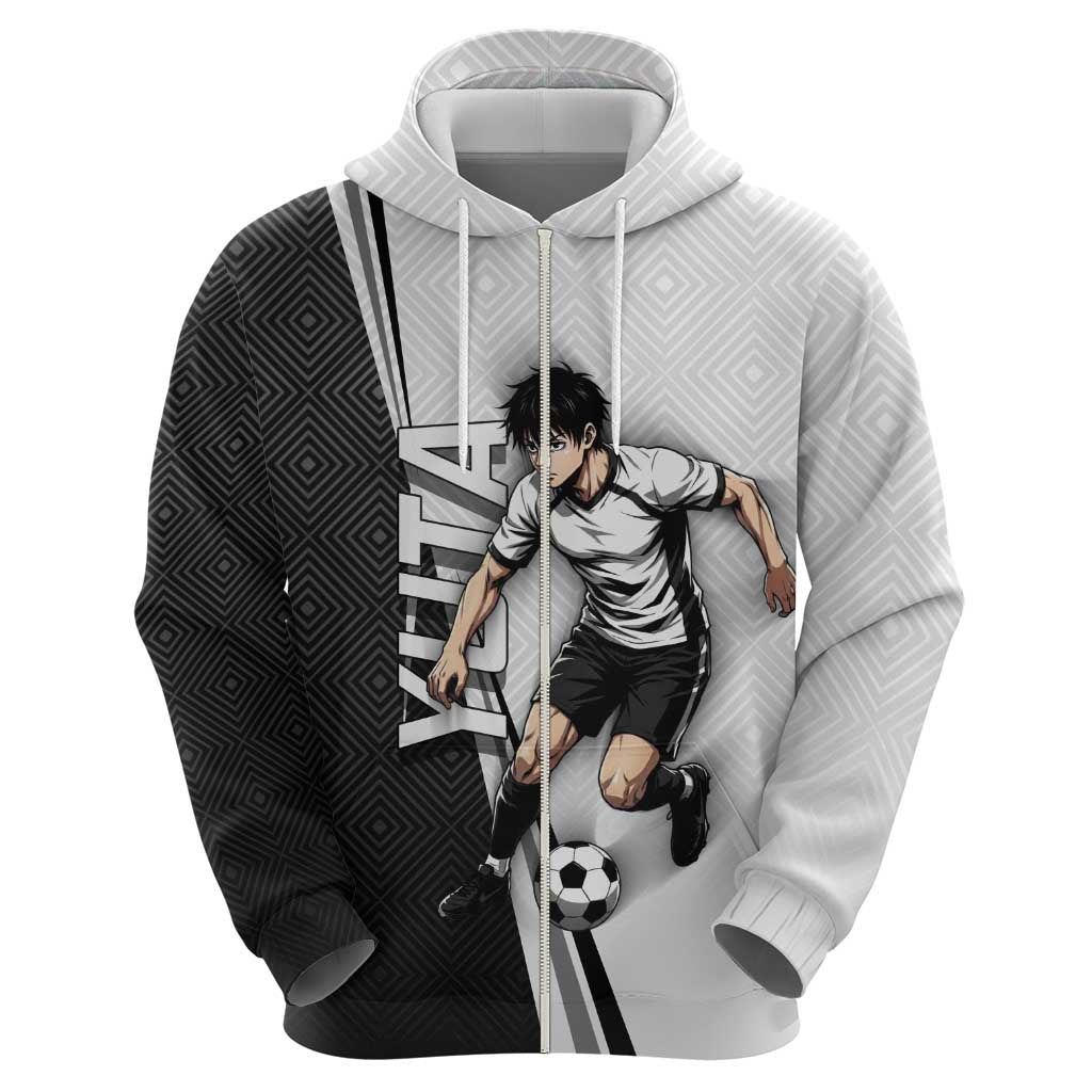 Personalized Okkotsu Yuta Jujutsu Kaisen Soccer Zip Hoodie with Dribbling Action Pose and Monochrome Geometric Graphic Design - The Mazicc