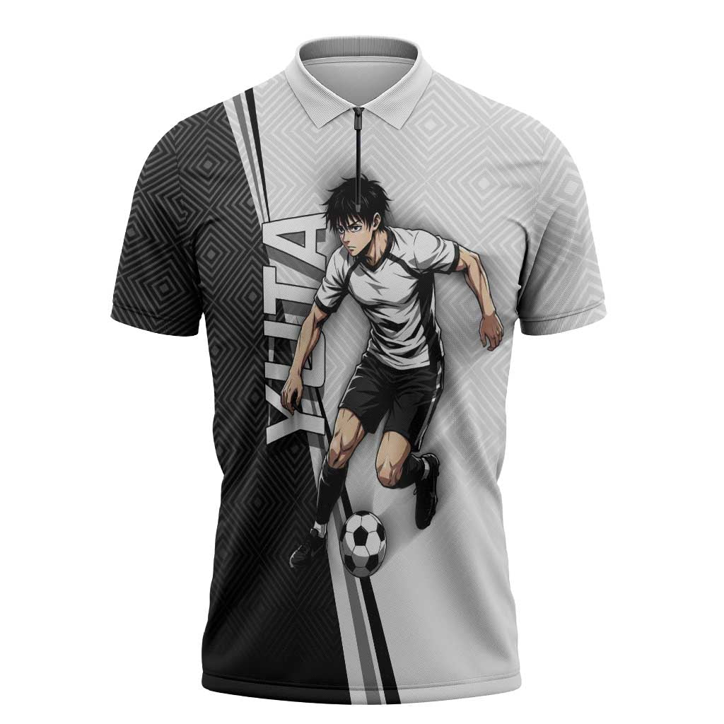 Personalized Okkotsu Yuta Jujutsu Kaisen Soccer Zipper Polo Shirt with Dribbling Action Pose and Monochrome Geometric Graphic Design - The Mazicc