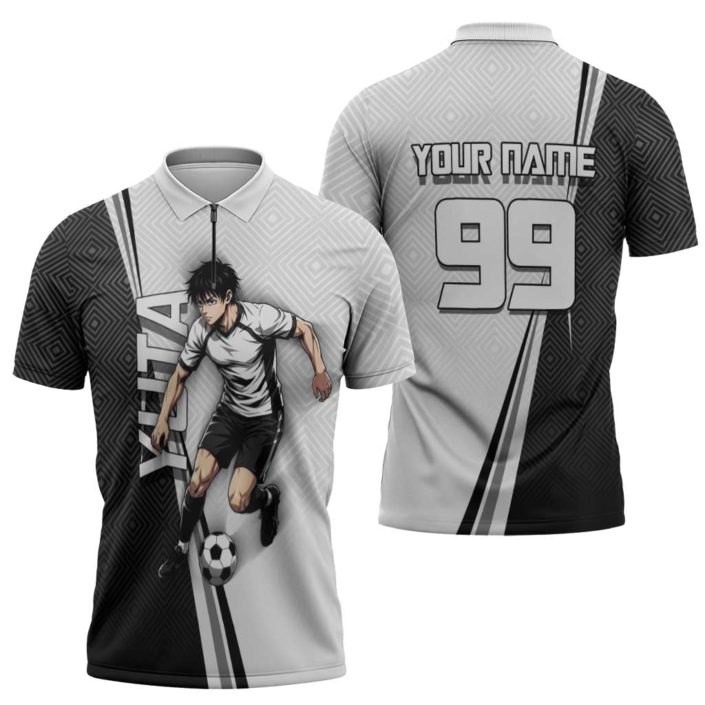 Personalized Okkotsu Yuta Jujutsu Kaisen Soccer Zipper Polo Shirt with Dribbling Action Pose and Monochrome Geometric Graphic Design - The Mazicc