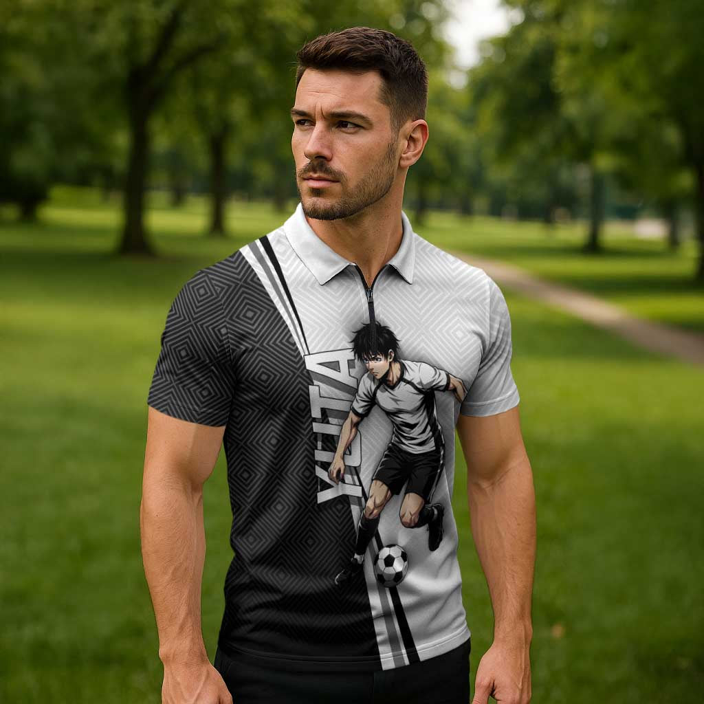 Personalized Okkotsu Yuta Jujutsu Kaisen Soccer Zipper Polo Shirt with Dribbling Action Pose and Monochrome Geometric Graphic Design - The Mazicc