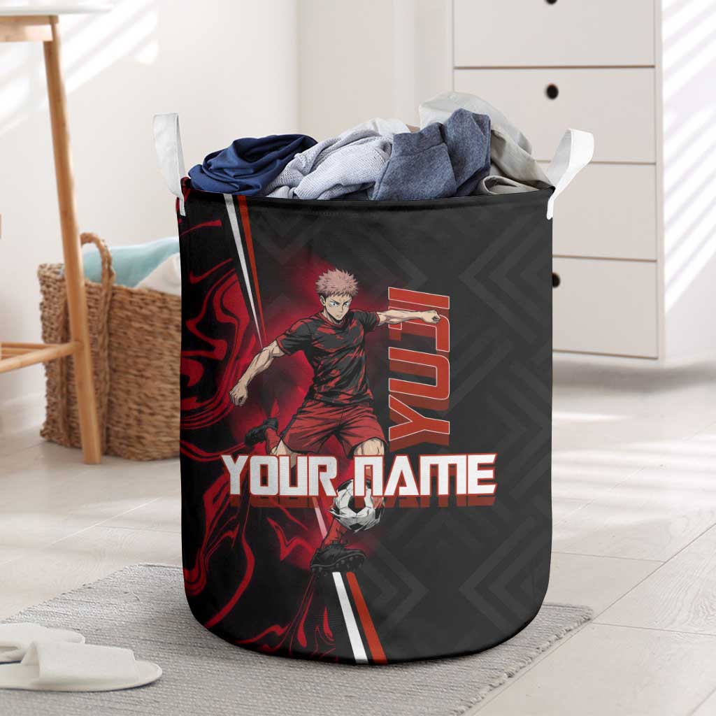 Personalized Yuji Itadori Jujutsu Kaisen Soccer Theme Laundry Basket with Dynamic Kick Pose and Red Black Flame Graphic Design - The Mazicc