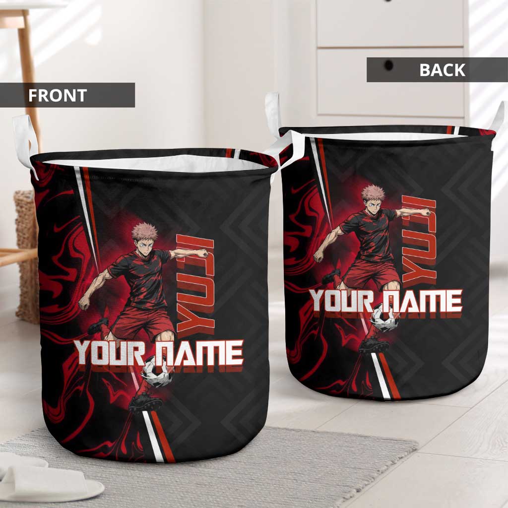 Personalized Yuji Itadori Jujutsu Kaisen Soccer Theme Laundry Basket with Dynamic Kick Pose and Red Black Flame Graphic Design - The Mazicc