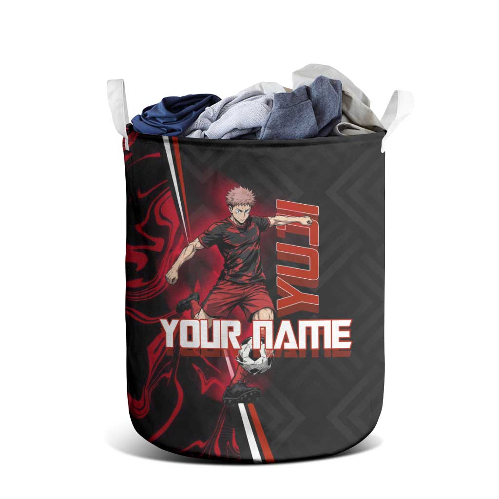 Personalized Yuji Itadori Jujutsu Kaisen Soccer Theme Laundry Basket with Dynamic Kick Pose and Red Black Flame Graphic Design - The Mazicc