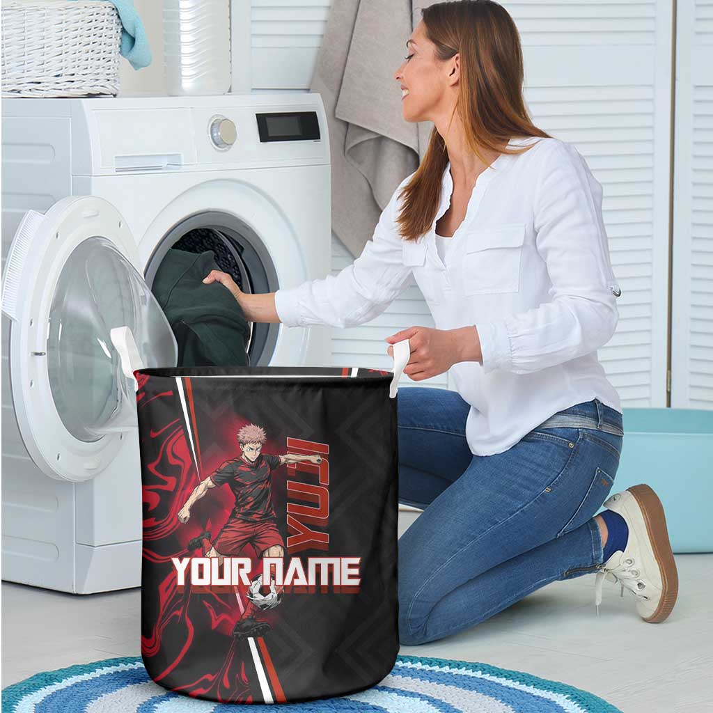 Personalized Yuji Itadori Jujutsu Kaisen Soccer Theme Laundry Basket with Dynamic Kick Pose and Red Black Flame Graphic Design - The Mazicc