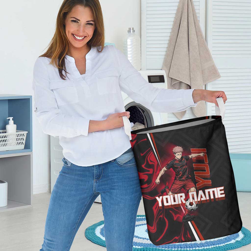 Personalized Yuji Itadori Jujutsu Kaisen Soccer Theme Laundry Basket with Dynamic Kick Pose and Red Black Flame Graphic Design - The Mazicc
