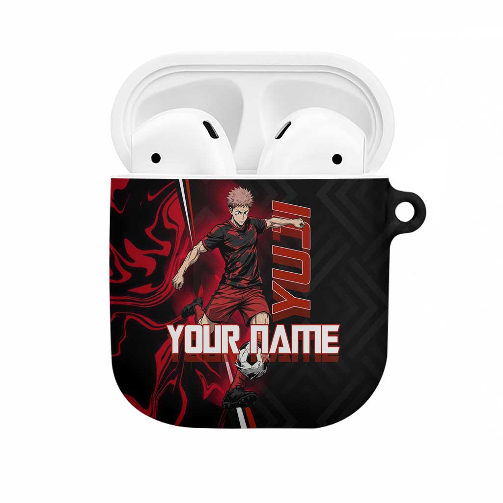 Personalized Yuji Itadori Jujutsu Kaisen Soccer Theme AirPods Case with Dynamic Kick Pose and Red Black Flame Graphic Design - The Mazicc