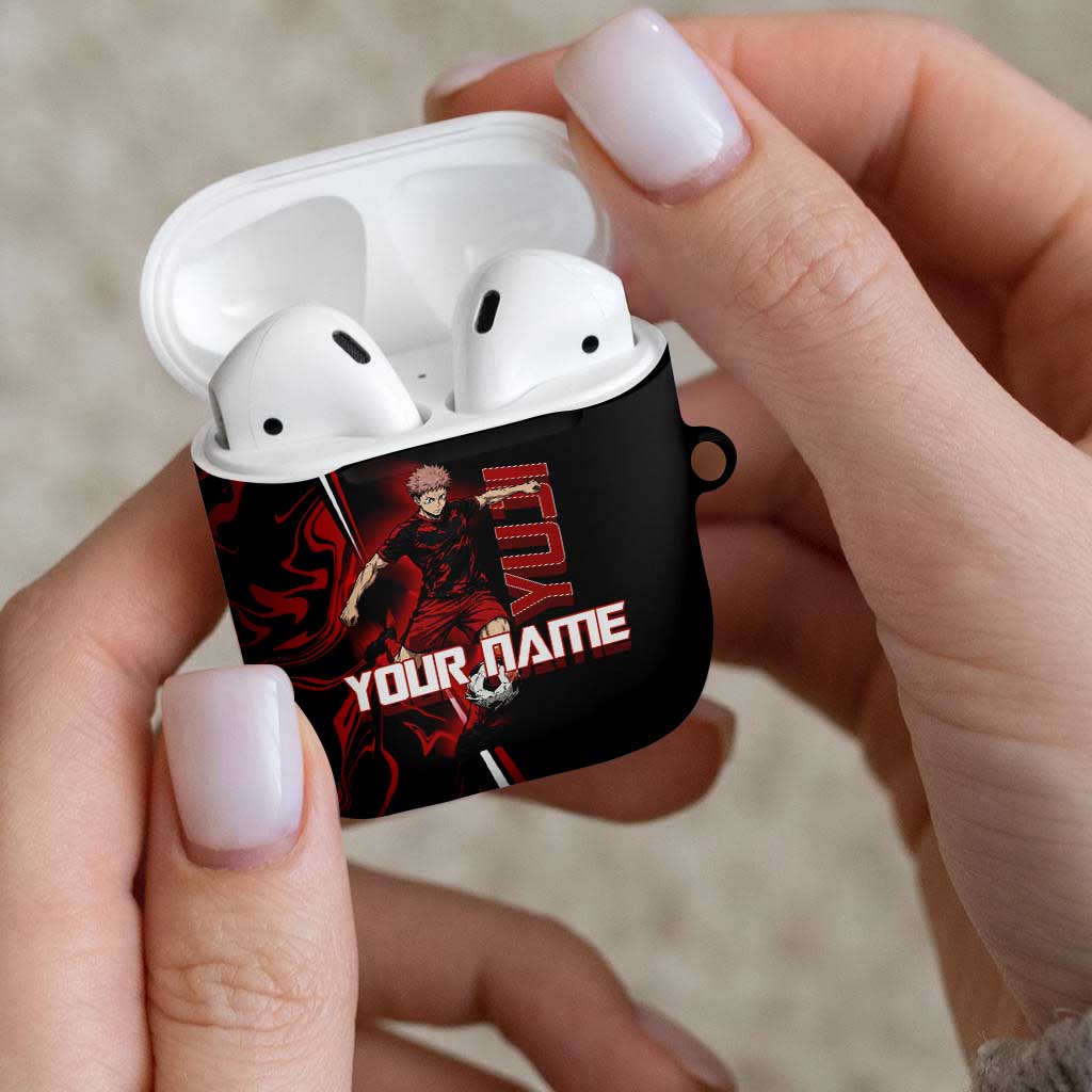 Personalized Yuji Itadori Jujutsu Kaisen Soccer Theme AirPods Case with Dynamic Kick Pose and Red Black Flame Graphic Design - The Mazicc