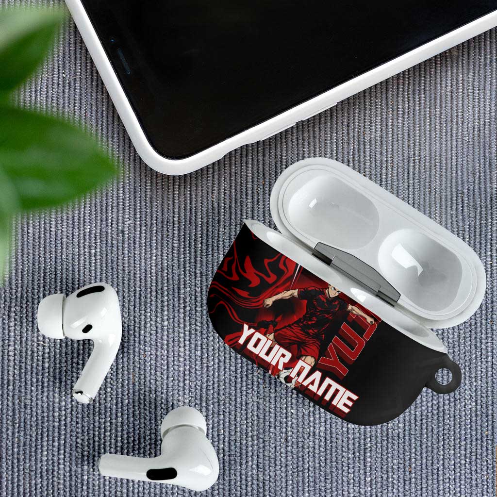 Personalized Yuji Itadori Jujutsu Kaisen Soccer Theme AirPods Case with Dynamic Kick Pose and Red Black Flame Graphic Design - The Mazicc