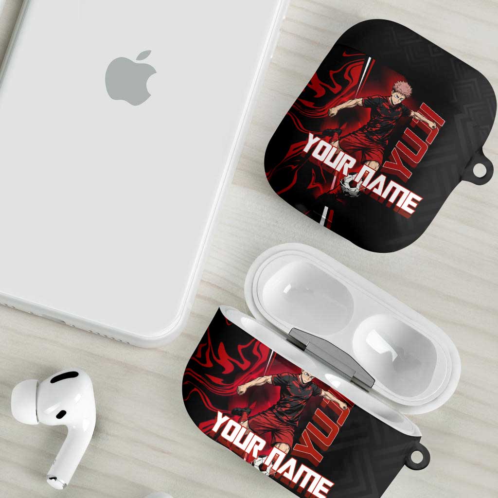 Personalized Yuji Itadori Jujutsu Kaisen Soccer Theme AirPods Case with Dynamic Kick Pose and Red Black Flame Graphic Design - The Mazicc