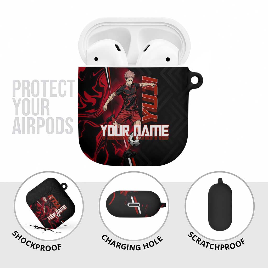 Personalized Yuji Itadori Jujutsu Kaisen Soccer Theme AirPods Case with Dynamic Kick Pose and Red Black Flame Graphic Design - The Mazicc