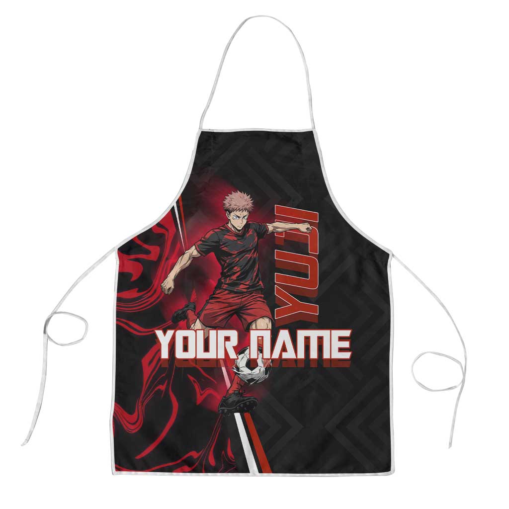 Personalized Yuji Itadori Jujutsu Kaisen Soccer Theme Apron with Dynamic Kick Pose and Red Black Flame Graphic Design - The Mazicc