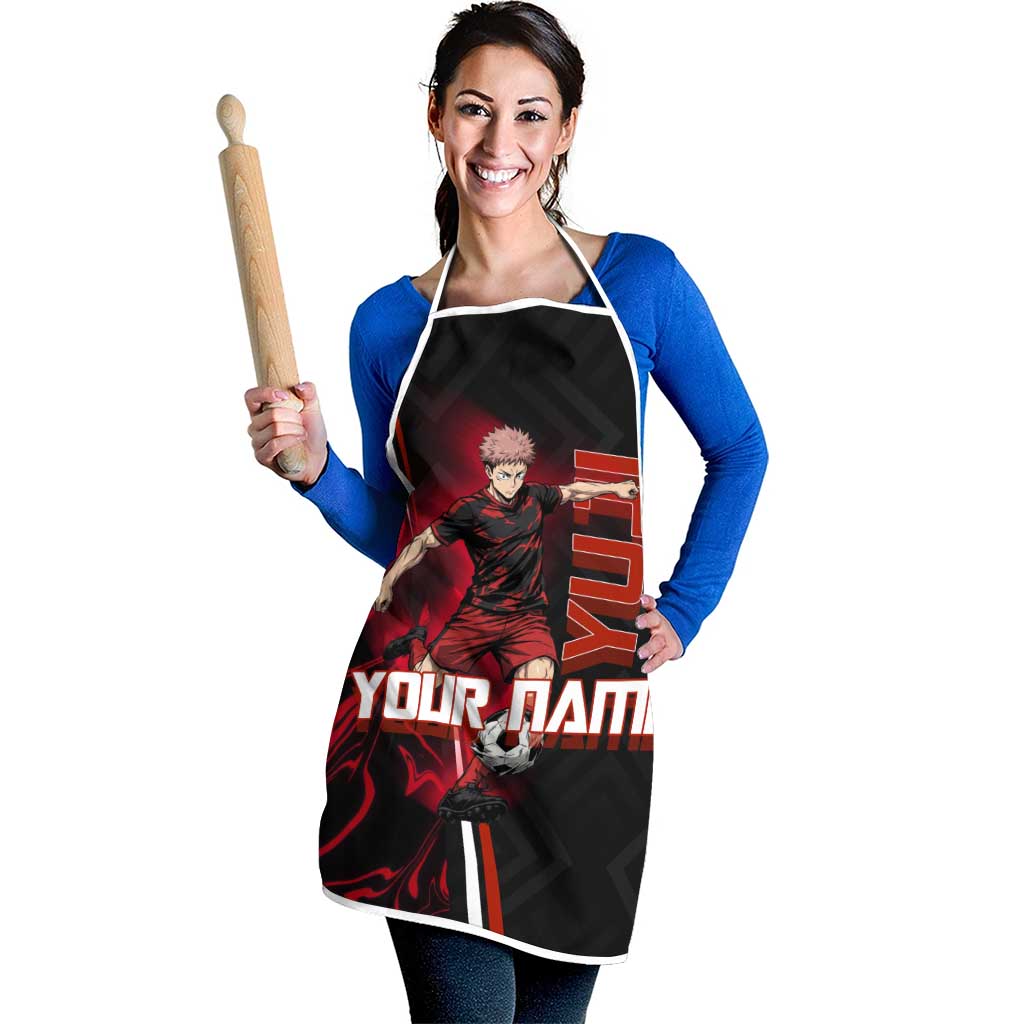 Personalized Yuji Itadori Jujutsu Kaisen Soccer Theme Apron with Dynamic Kick Pose and Red Black Flame Graphic Design - The Mazicc