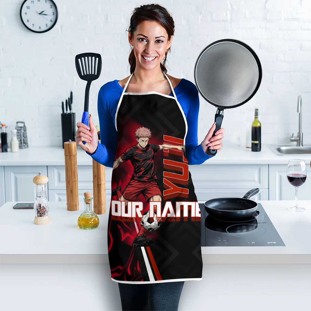 Personalized Yuji Itadori Jujutsu Kaisen Soccer Theme Apron with Dynamic Kick Pose and Red Black Flame Graphic Design - The Mazicc