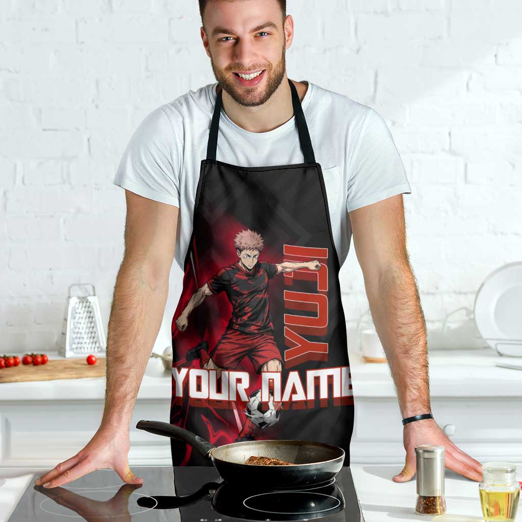 Personalized Yuji Itadori Jujutsu Kaisen Soccer Theme Apron with Dynamic Kick Pose and Red Black Flame Graphic Design - The Mazicc