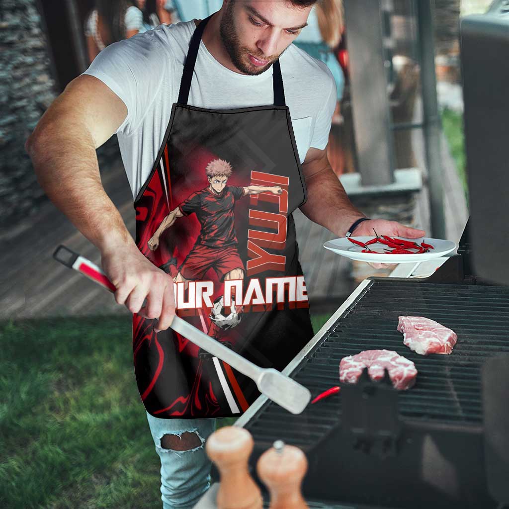 Personalized Yuji Itadori Jujutsu Kaisen Soccer Theme Apron with Dynamic Kick Pose and Red Black Flame Graphic Design - The Mazicc