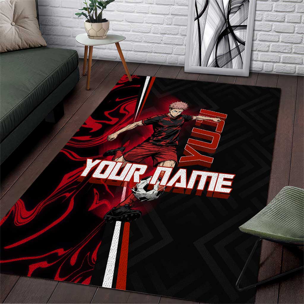 Personalized Yuji Itadori Jujutsu Kaisen Soccer Theme Area Rug with Dynamic Kick Pose and Red Black Flame Graphic Design - The Mazicc