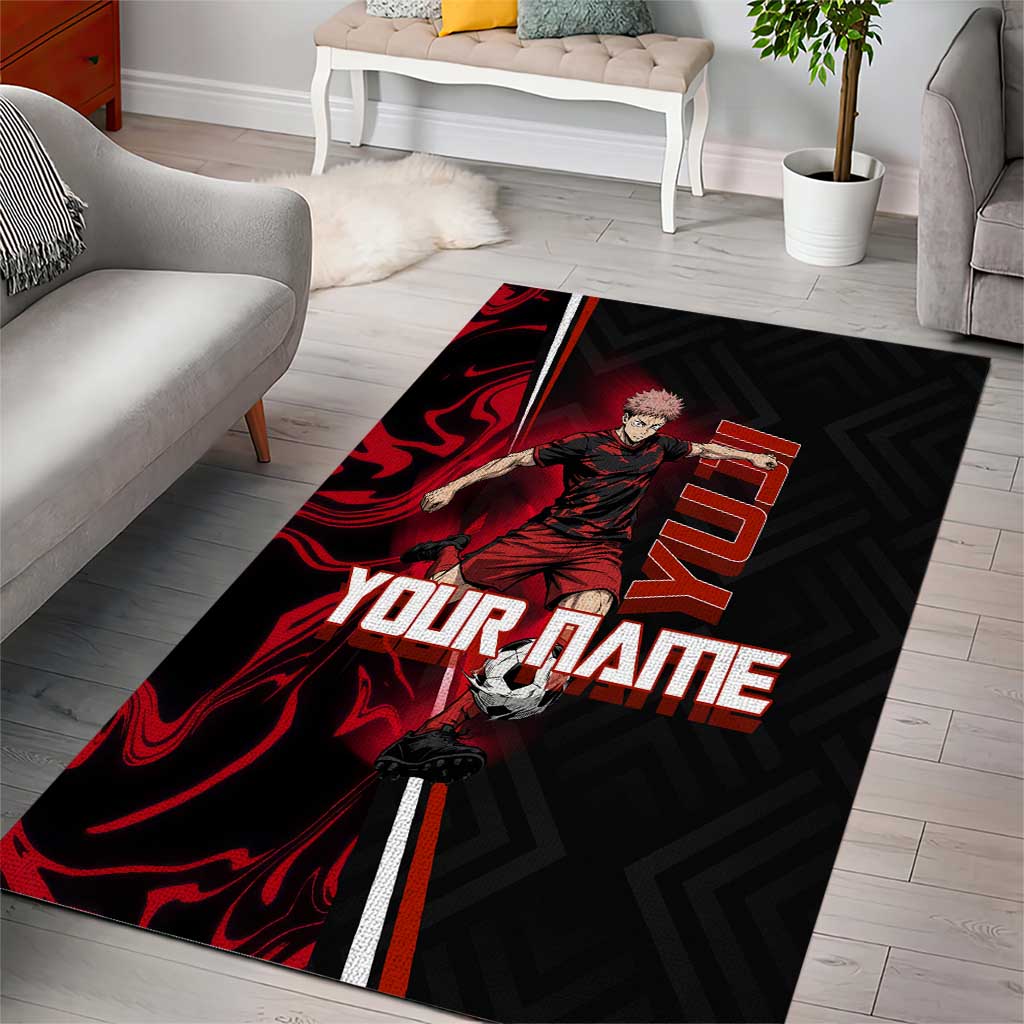 Personalized Yuji Itadori Jujutsu Kaisen Soccer Theme Area Rug with Dynamic Kick Pose and Red Black Flame Graphic Design - The Mazicc