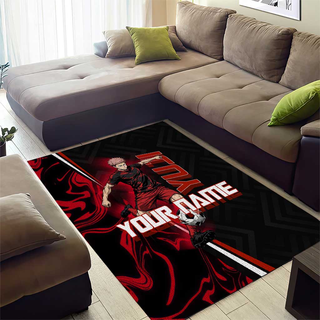 Personalized Yuji Itadori Jujutsu Kaisen Soccer Theme Area Rug with Dynamic Kick Pose and Red Black Flame Graphic Design - The Mazicc