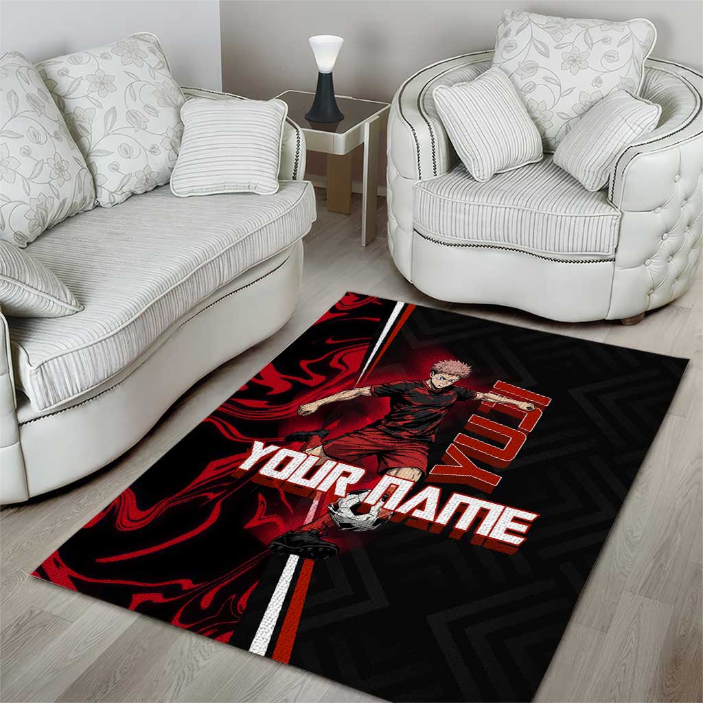 Personalized Yuji Itadori Jujutsu Kaisen Soccer Theme Area Rug with Dynamic Kick Pose and Red Black Flame Graphic Design - The Mazicc