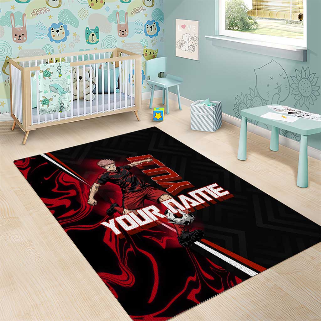 Personalized Yuji Itadori Jujutsu Kaisen Soccer Theme Area Rug with Dynamic Kick Pose and Red Black Flame Graphic Design - The Mazicc