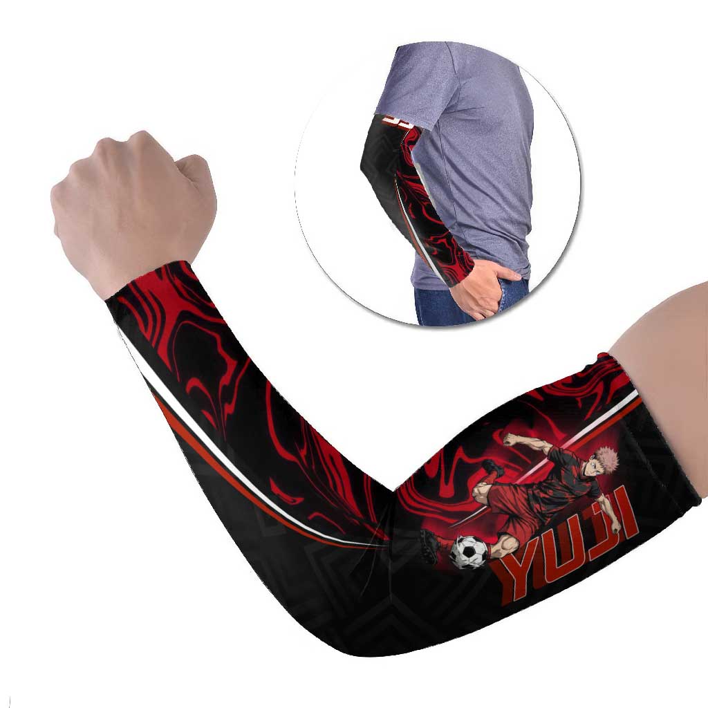 Personalized Yuji Itadori Jujutsu Kaisen Soccer Theme Arm Sleeves with Dynamic Kick Pose and Red Black Flame Graphic Design - The Mazicc