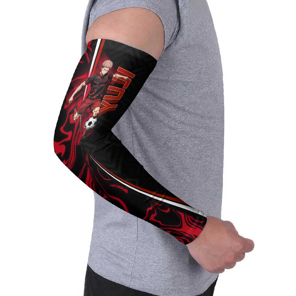 Personalized Yuji Itadori Jujutsu Kaisen Soccer Theme Arm Sleeves with Dynamic Kick Pose and Red Black Flame Graphic Design - The Mazicc