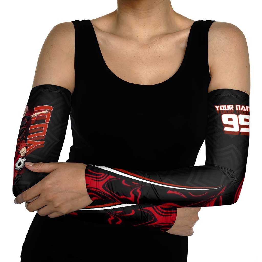 Personalized Yuji Itadori Jujutsu Kaisen Soccer Theme Arm Sleeves with Dynamic Kick Pose and Red Black Flame Graphic Design - The Mazicc