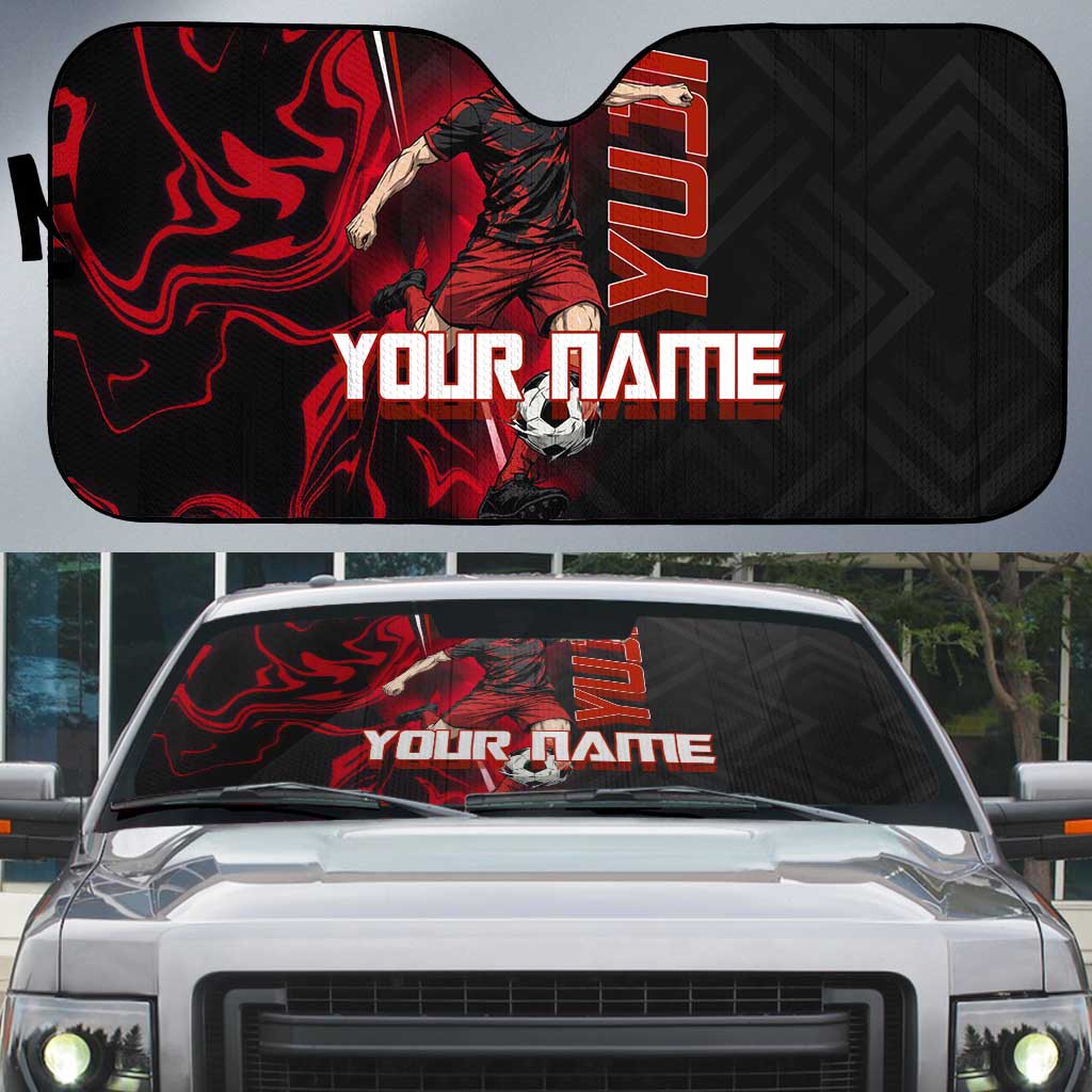 Personalized Yuji Itadori Jujutsu Kaisen Soccer Theme Auto Sun Shade with Dynamic Kick Pose and Red Black Flame Graphic Design - The Mazicc