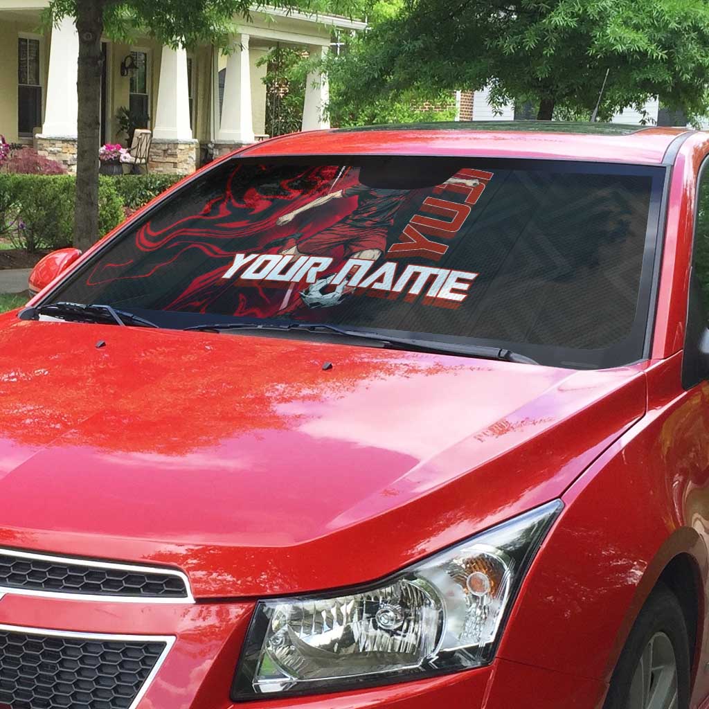 Personalized Yuji Itadori Jujutsu Kaisen Soccer Theme Auto Sun Shade with Dynamic Kick Pose and Red Black Flame Graphic Design - The Mazicc