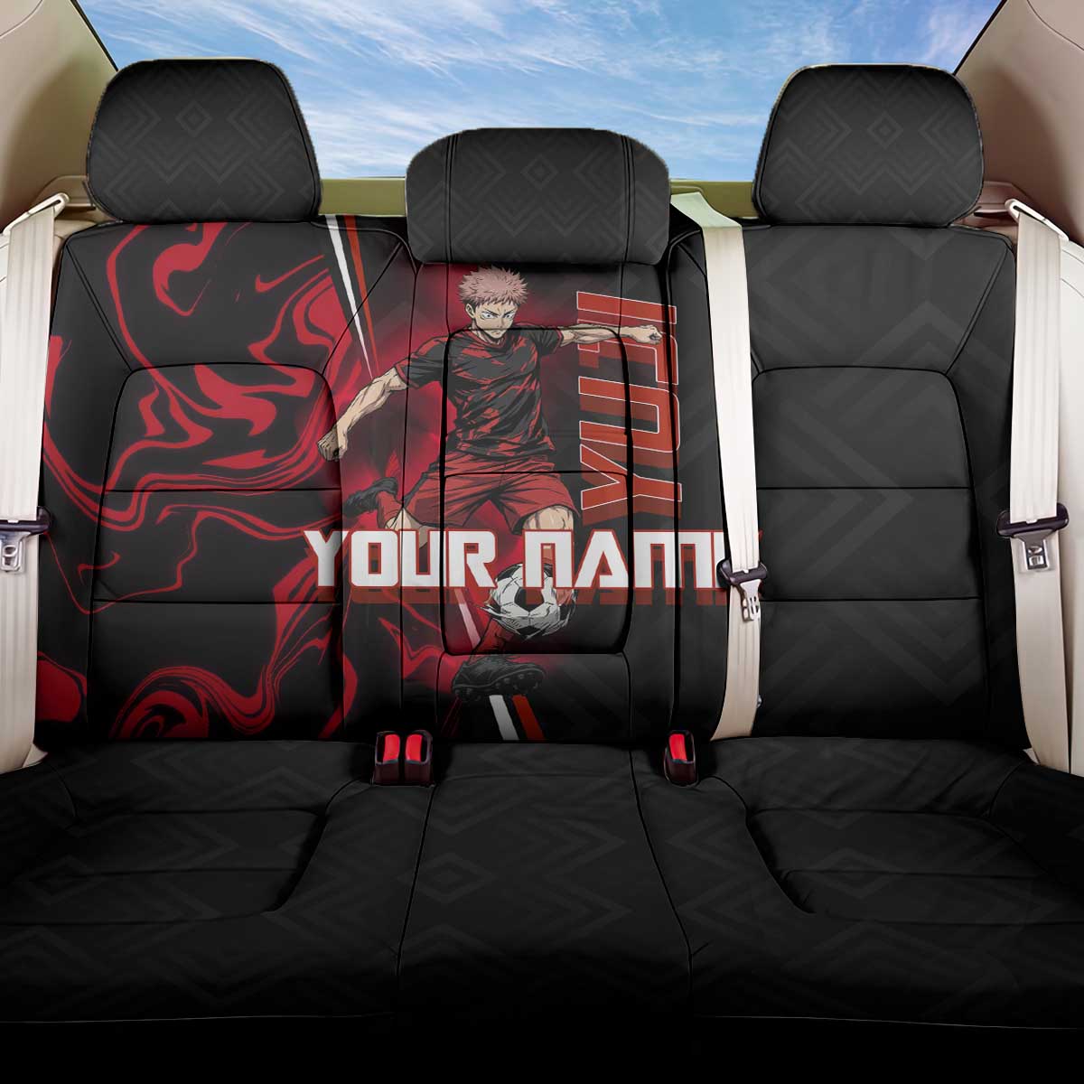 Personalized Yuji Itadori Jujutsu Kaisen Soccer Theme Back Car Seat Cover with Dynamic Kick Pose and Red Black Flame Graphic Design - The Mazicc