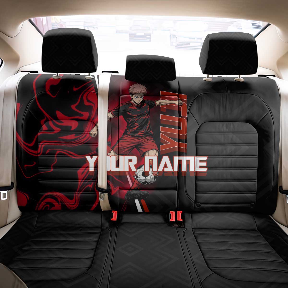 Personalized Yuji Itadori Jujutsu Kaisen Soccer Theme Back Car Seat Cover with Dynamic Kick Pose and Red Black Flame Graphic Design - The Mazicc